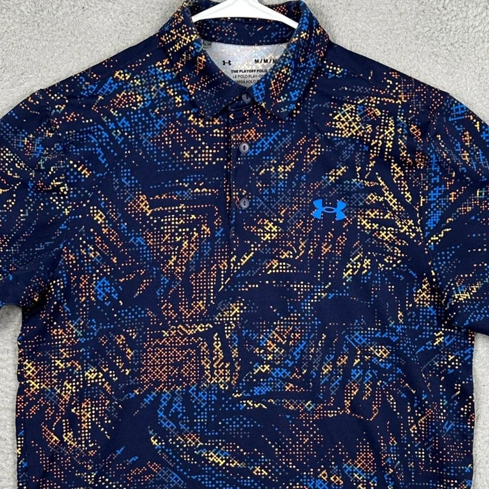 Under Armour The Playoff Polo Shirt Mens Medium Blue Multi Geometric Golf Rugby